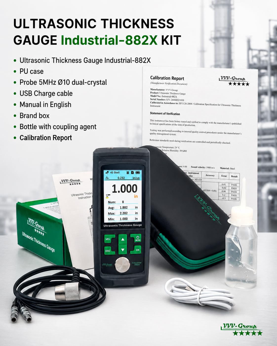 Ultrasonic Thickness Gauge Industrial-882X / Steel, Metals, Plastic, Glass, PVC, Pipes Thickness Gauge Meter – Range 0.039 to 11.811 inch (1-300mm) | Color LCD (All Material)