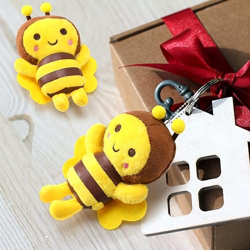 Miniatura 6 de Sratte 8 llaveros de peluche de abejas de 5 pulgadas de peluche de abeja pequeña y suave, juguetes de dibujos animados realistas, muñeca adorable