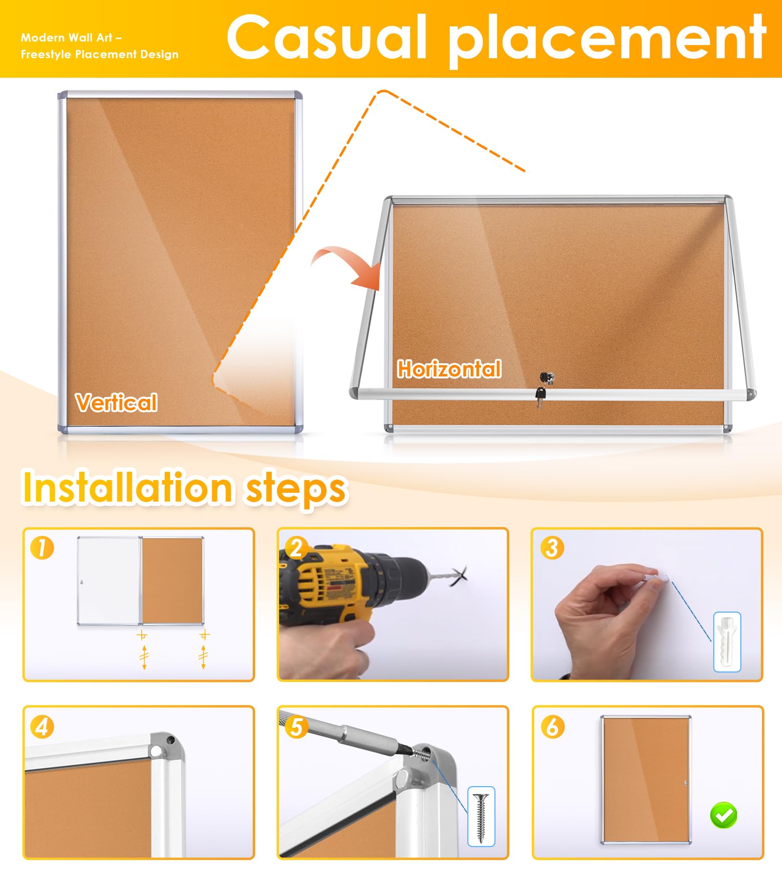 SWANCROWN Geschlossene Pinnwand, Kork, 91,4 x 61 cm, abschließbar, manipulationssicher, Wandvitrine für Büro, Schule, Handel, Gemeinschaft, Aluminiumrahmen