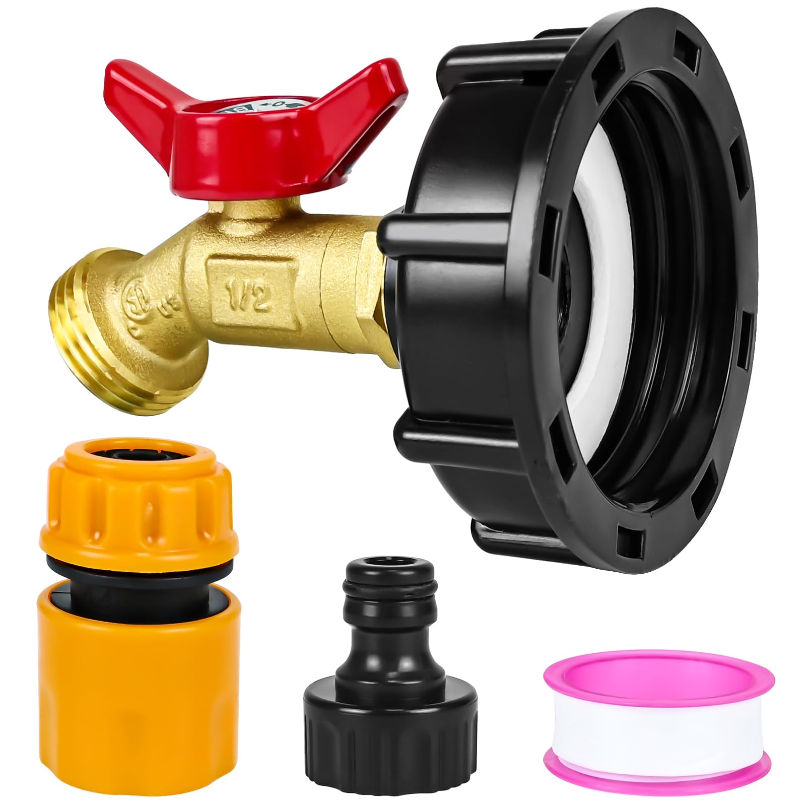 IBC Tote Hose Adapter - 2.36" IBC Tote Fitting 275-330 Gallon IBC Tote to Garden Hose Adapter, Brass IBC Tote Adapter with Brass Hose Faucet Valve, Garden Hose Quick Connector, Plastic Shut-Off Valve