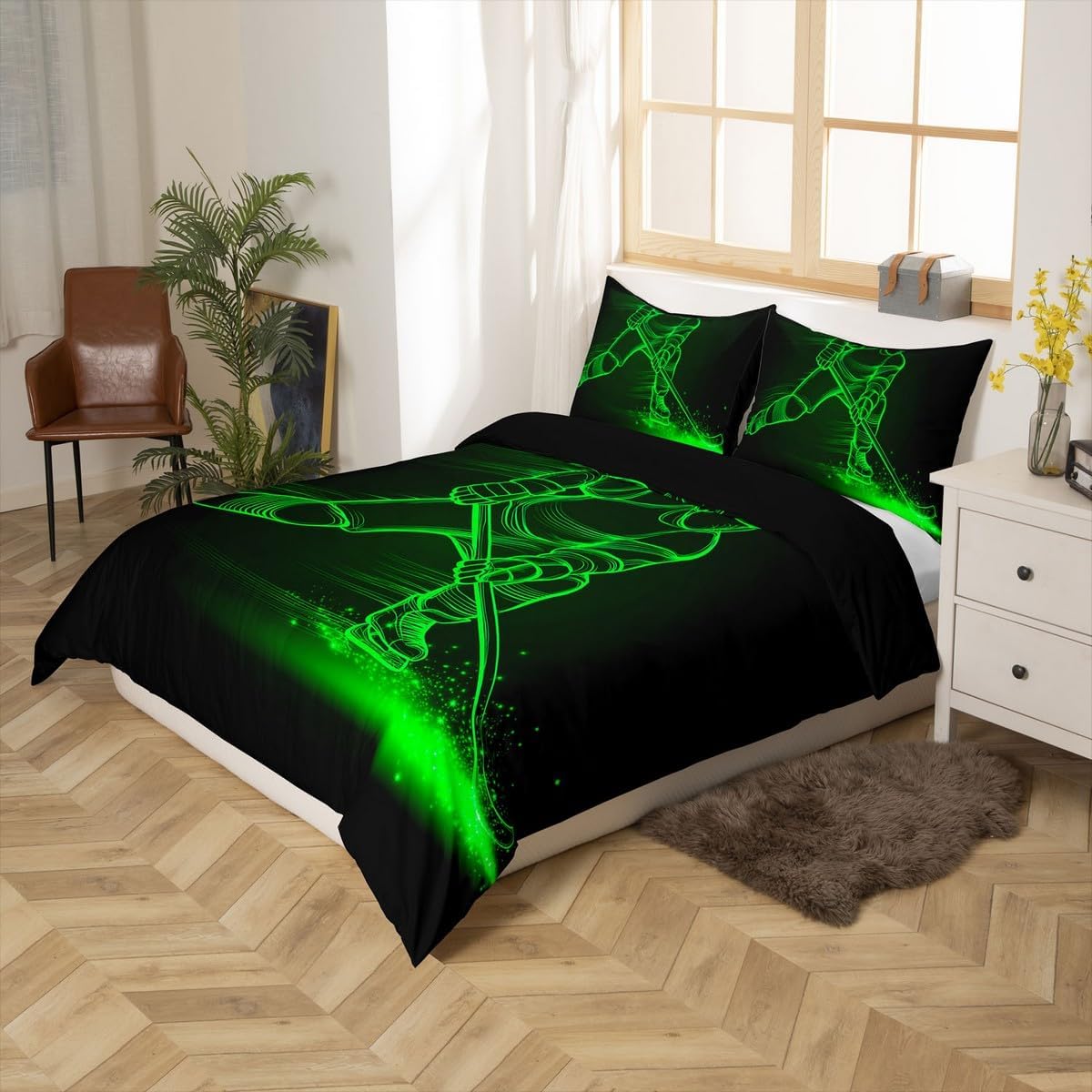 Erosebridal Hockey Puck Comforter Cover Twin Size Ice Hockey Sticks Duvet Cover Hockey Player Bedding Set with 2 Pillowcases Winter Sport Game Quilt Cover for Kids Boys Room Decor, Black Green
