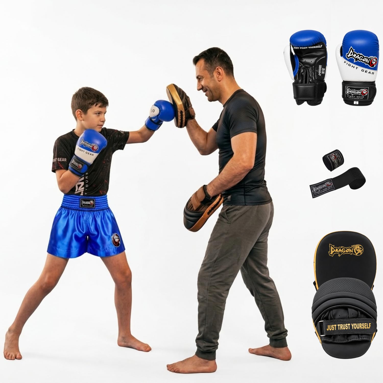 Dragon Do Kinder Boxset 3 teilig Junior Boxhandschuhe, Boxbandagen und Trainingspratze, Sichere Kampfsport Ausrüstung für Kickboxen, Muay Thai und Heimtraining