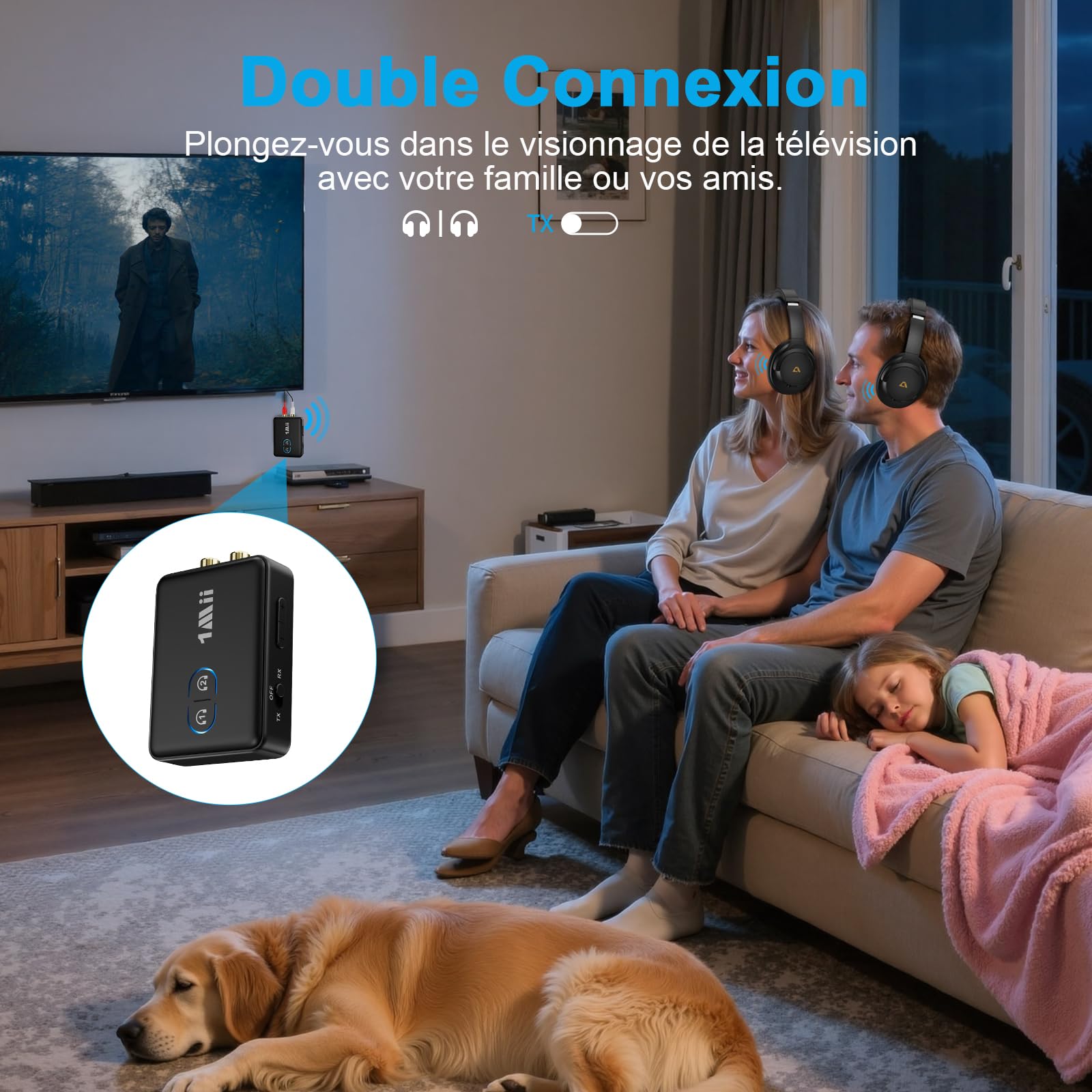 1Mii ML302 Transmetteur Récepteur Audio Bluetooth 5.3, RCA 3.5mm Jack Émetteur Adaptateur Bluetooth pour 2 Casque sans Fil, Son Hi-FI aptX LL/AD/HD pour TV, Chaîne Stéréo, PC, 30H Playtime
