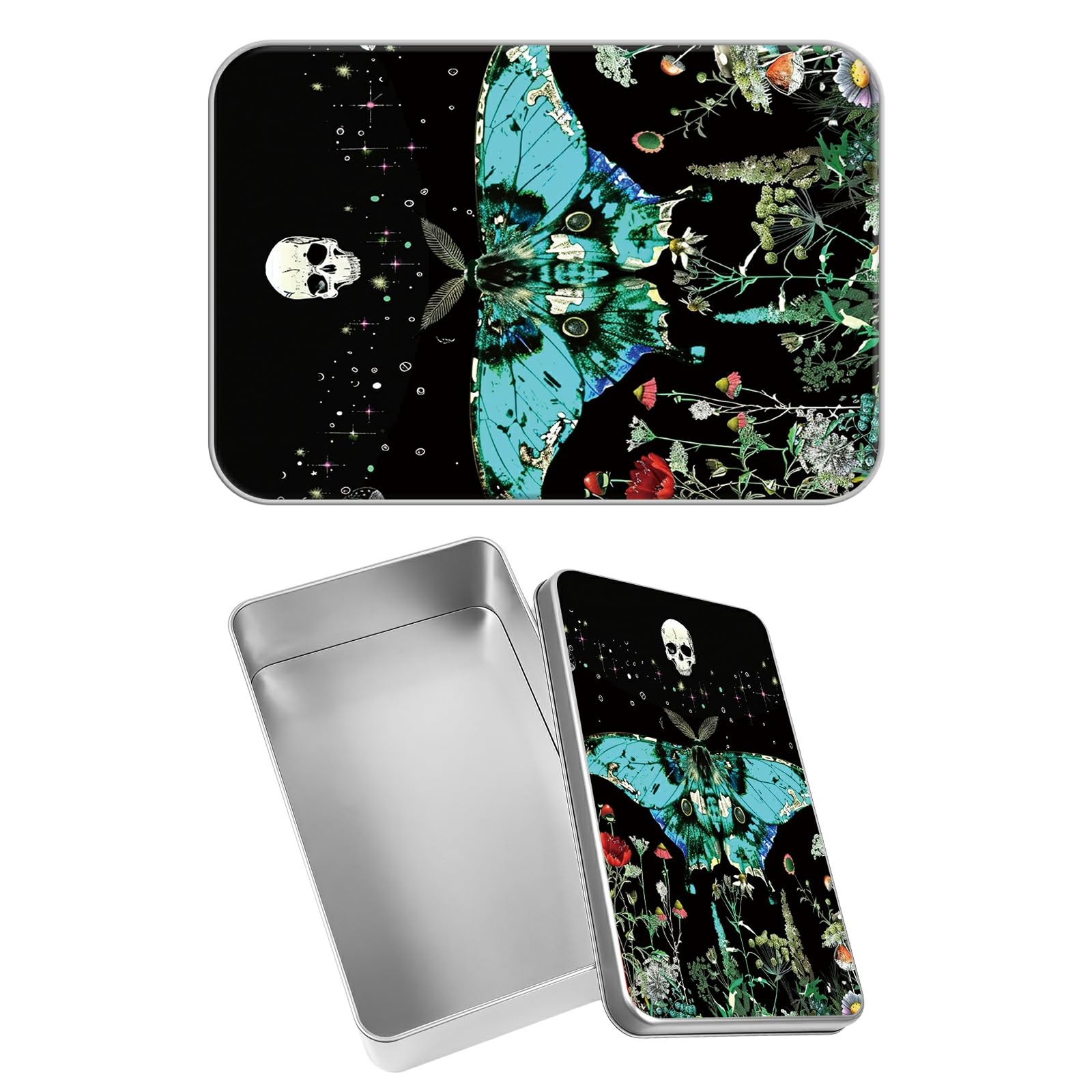 Rectangular Metal Tin Box with Removable Lid, Moon Teal Moth Decorative Printed Metal Storage Container for Sweets Jewelry Tea Candies Cakes 7 x 4.33 x 2.17 inch– Single Pack