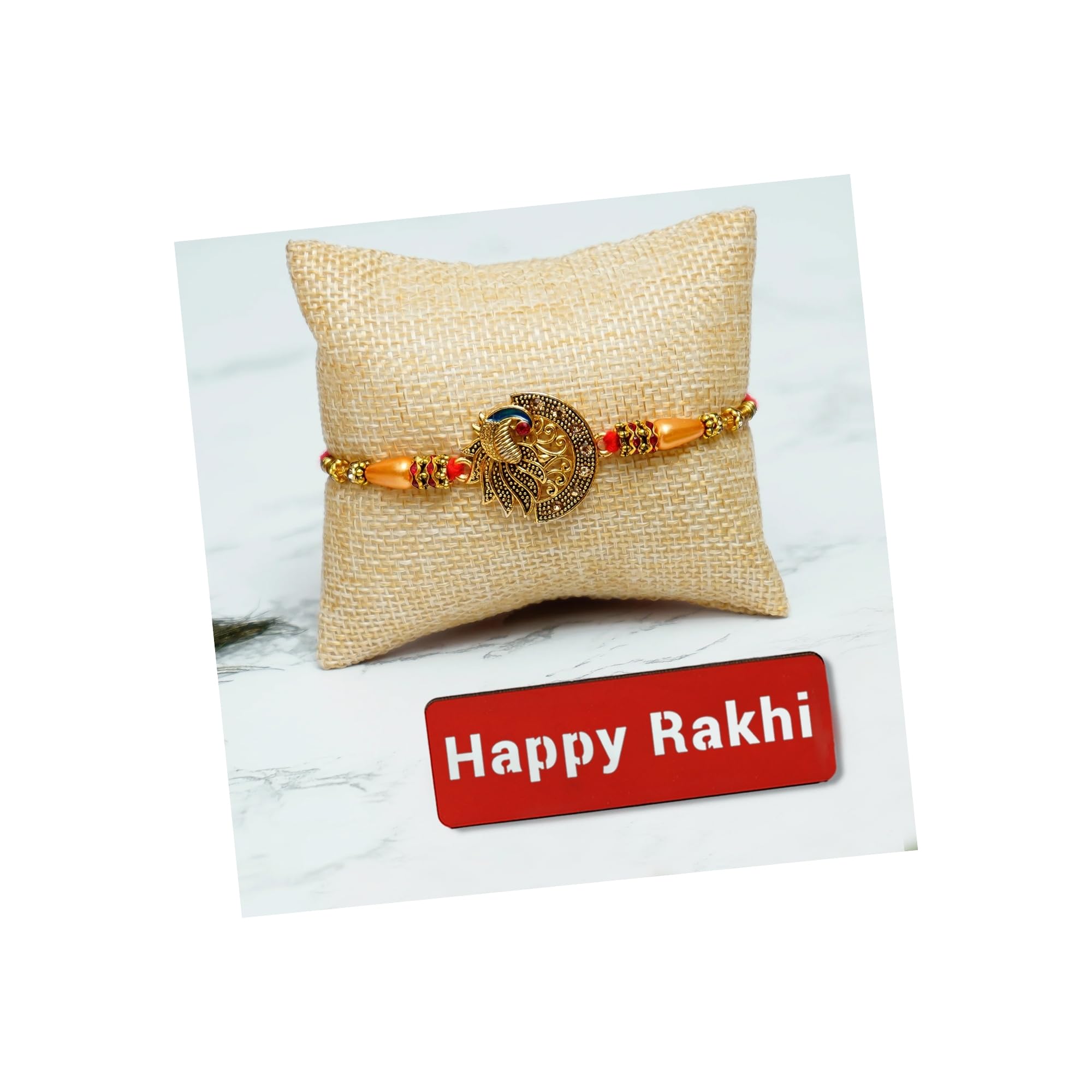 eCraftIndia Designer Peacock Rakhi with Happy Rakhi Wooden Cutout and Roli Chawal Pack - Rakhis for Brother, Bhabhi, Kids (B0D1CDHPT7) Amazon Price History, Amazon Price Tracker
