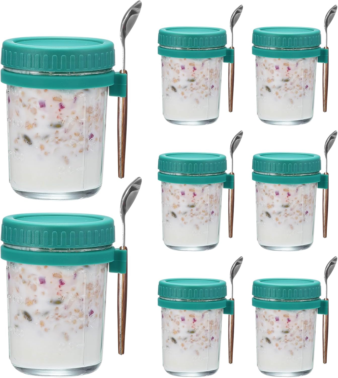 uxcell Overnight Oats Containers with Lids, 8Pcs - 10 Oz Overnight Oats Jars with Spoons and Measurement Marks, Mason Glass Jars for Milk Cereal (Cyan)