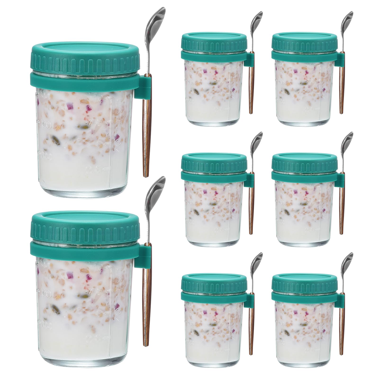 QUARKZMAN Übernacht Haferflocken Behälter mit Deckel 8stk - 10 Oz Übernacht Haferflocken Gläser mit Löffeln und Maß Markierungen Mason Glas Gläser für Milch Müsli (Cyan)