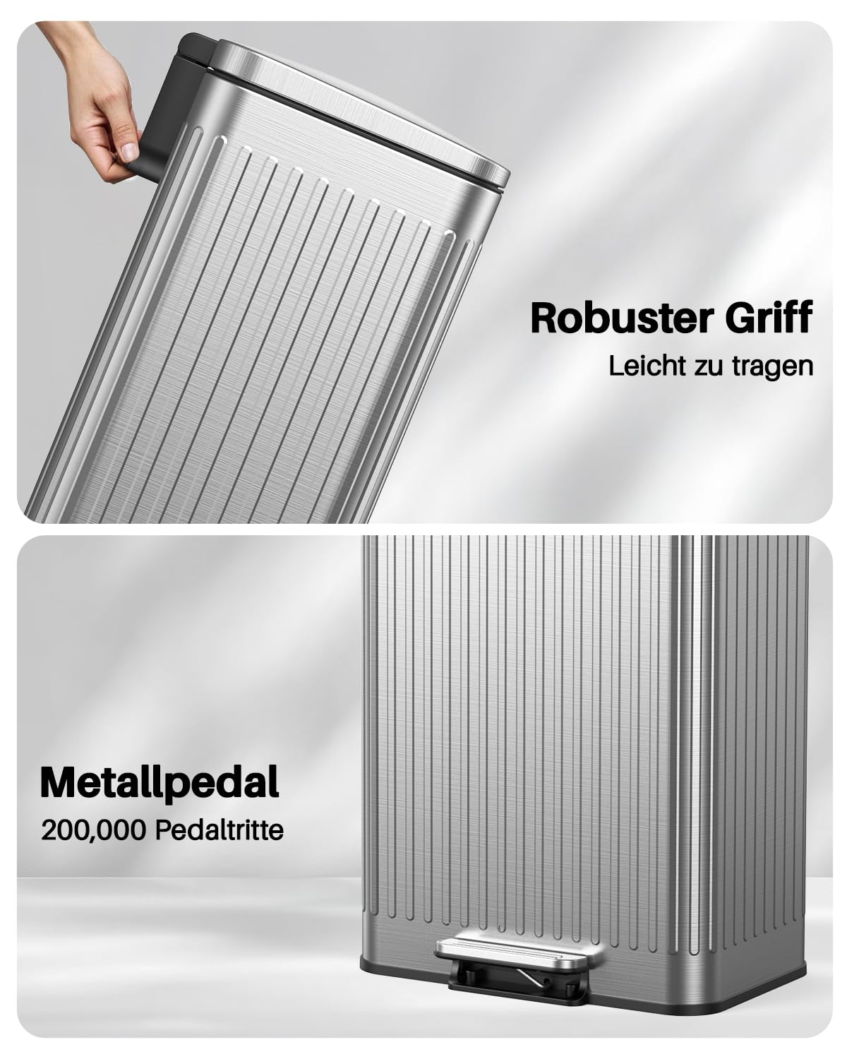 lovewind 60L Mülleimer Küche Edelstahl Silber, Pedal-Behälter mit Soft-Close Deckel,herausnehmbare Einsätze mit Griff & Beutelhalter, Römisches Design, geruchsdicht, für 3-6 Personen