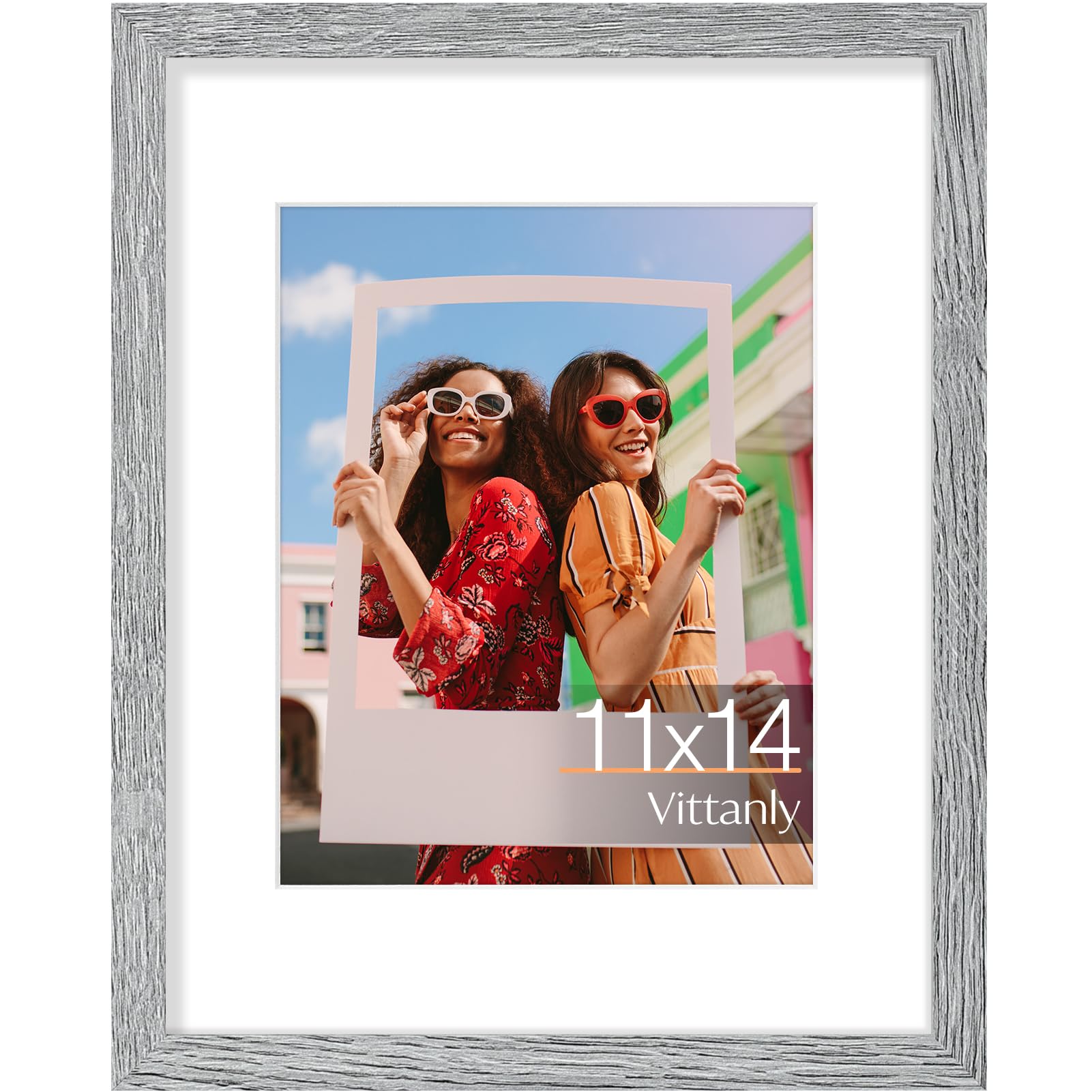 Vittanly 11x14 Picture Frame, Display Pictures 8x10 with Mat or 11x14 without Mat, Engineered Wood with Shatter Resistant Plexiglass, Photo Frame for Wall Mounting, Grey, 1 Pack — image 1