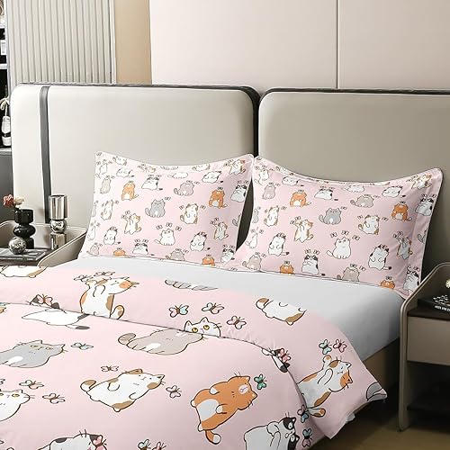 Miniatura 4 de Erosebridal Funda de edredón de dibujos animados de gatos 100% algodón, juego de ropa de cama Kawaii con diseño de gato y mariposa para niñas, niños