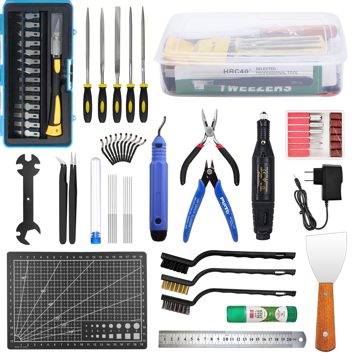 Pro 3D Printing Tools Kit with Electric Polisher, 3D Printer Accessories Set Includes Nozzle Cleaning Needles, Scrapers, Tweezers, Deburring Tool, Cutters & Storage Box for Removing/Cleaning/Finishing
