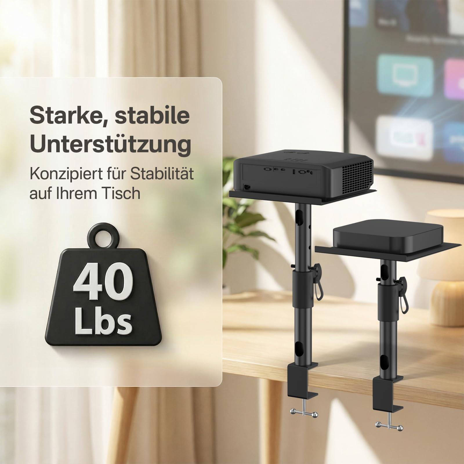 Support de Bureau Réglable en Hauteur, Inclinaison et Pivotement pour Projecteurs Aurzen, Nebula, XGIMI, VANKYO, Epson et la Plupart des Modèles - Support de Projecteur à Fixation par Pince sur Bureau