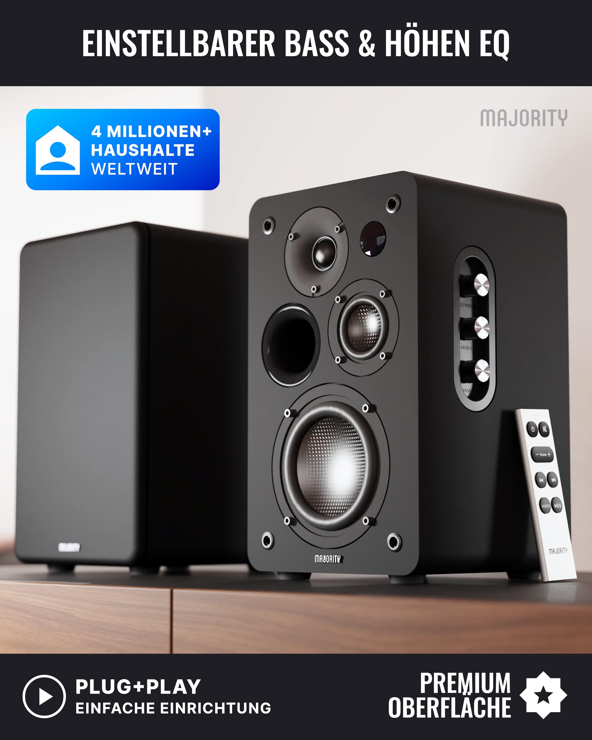 MAJORITY D100X Lautsprecher Boxen Bluetooth 5.3 | 100W Dreifach-Carbonfaser-Treiber PC Lautsprecher | Aktivlautsprecher HDMI ARC | Regallautsprecher mit RCA, Optich, Phono & AUX (Schwarz)