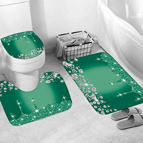 Miniatura 7 de Juego de 4 cortinas de ducha de diamantes con purpurina, decoración de baño de goteo verde oscuro brillante con alfombra y cubierta para tapa de