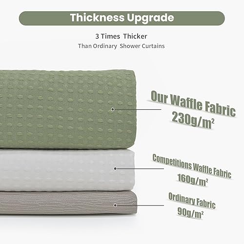 Miniatura 4 de Inhousolu - Cortina de ducha de tela con tejido de gofre, color verde salvia resistente de 7.16 ozm, dobladillo pesado, 14 ganchos de metal,