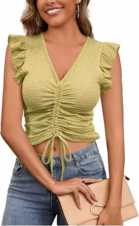Womens Ruched Tank Top Peplum Summer Ruffle V Neck Cropped Drawstring Casual Cute Blouse XS-XXL