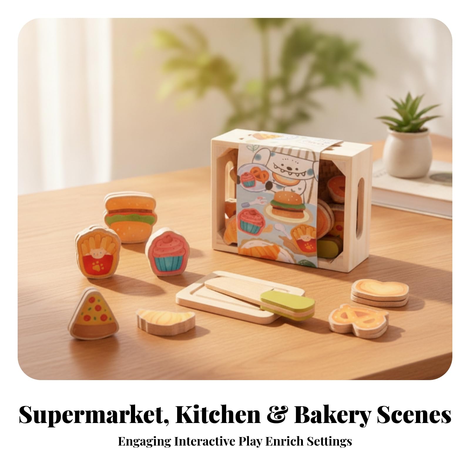 Holz-Lebensmittelset Bedruckt Holz-Spiellebensmittel Griffausschnitte Kaufladen Zubehör Set für Rollenspiel, Pappelholz Desserts