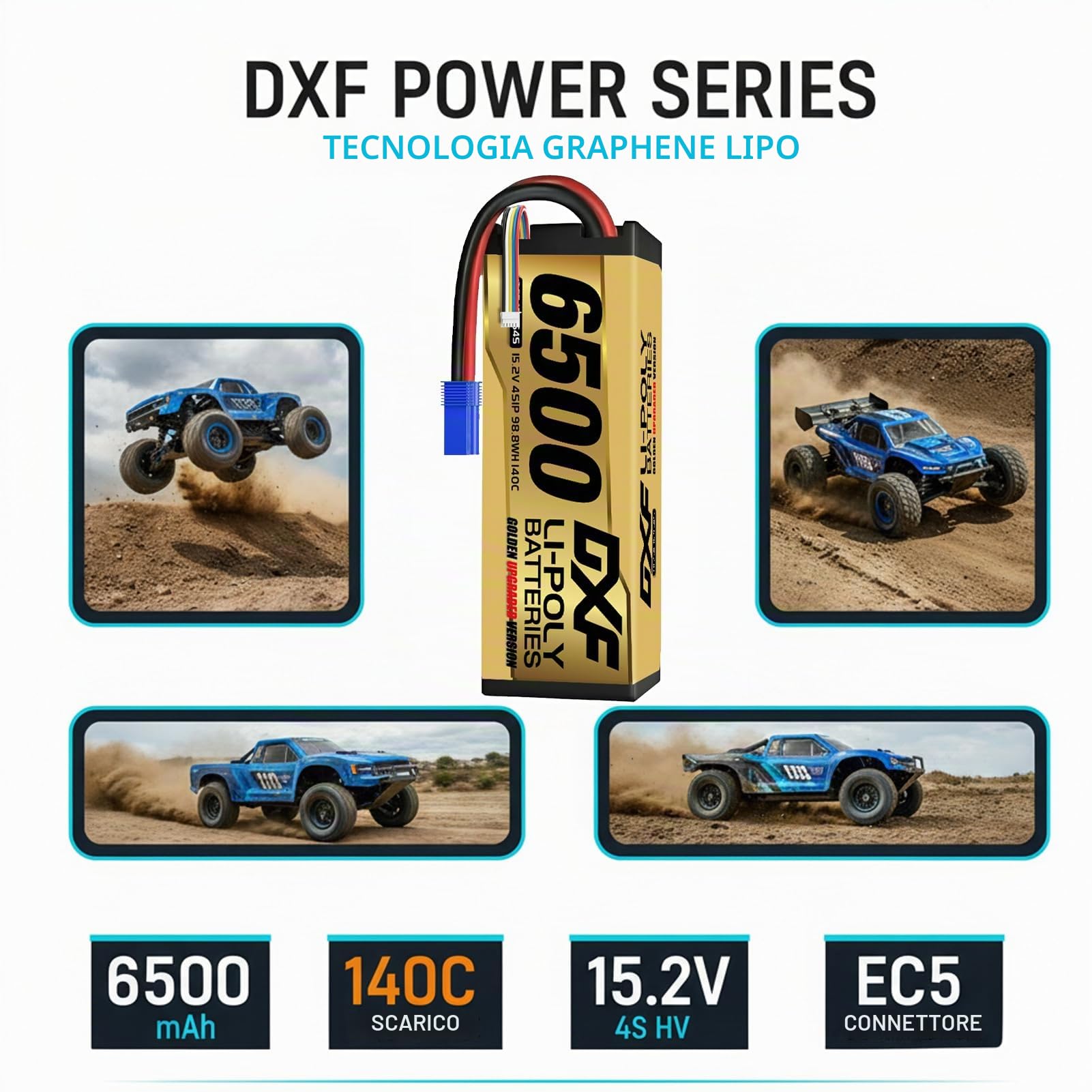 DXF Batteria LiPo 4S 15.2V 6500mAh 140C HV Spina EC5 Auto RC Truck Buggy 1/8 1/10 Alte Prestazioni Potente Tecnologia Avanguardia Sicurezza Gare Racing Modellismo 2 Pezzi