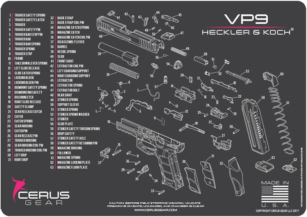 Cerus Gear H&K VP9 Schematic Promat, Versatile Firearm Mat for Cleaning, Reloading, and More, Rifle Cartridges Printed to Scale, Fits Most Guns, Great for Any Desk or Work Bench - 12 x 17 Inches