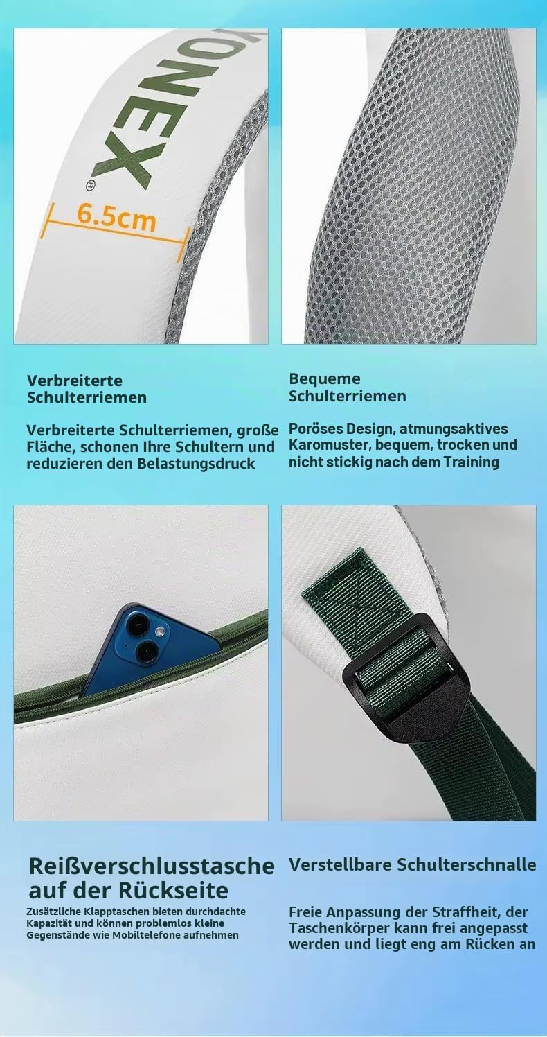 Yonex Badminton-Tennis-Rucksack, hohe Qualität und großes Fassungsvermögen, 3 Schlägeraufbewahrung, wasserdicht, mehrere Fächer, Schuhtasche, Weiß und Schwarz