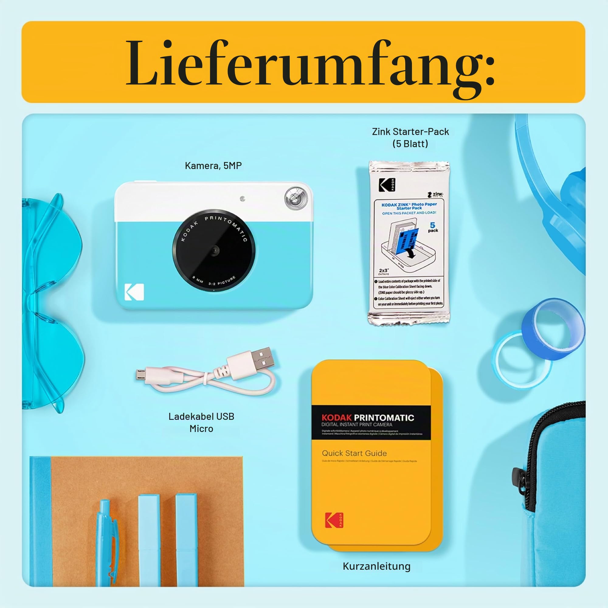 KODAK Printomatic Vollfarb-Sofortdruckkamera-Starterpaket + Softcase + Zink-Fotopapier (20er-Pack) – Bunte Fotos auf 2 x 3 Zoll großem Klebepapier – Blau