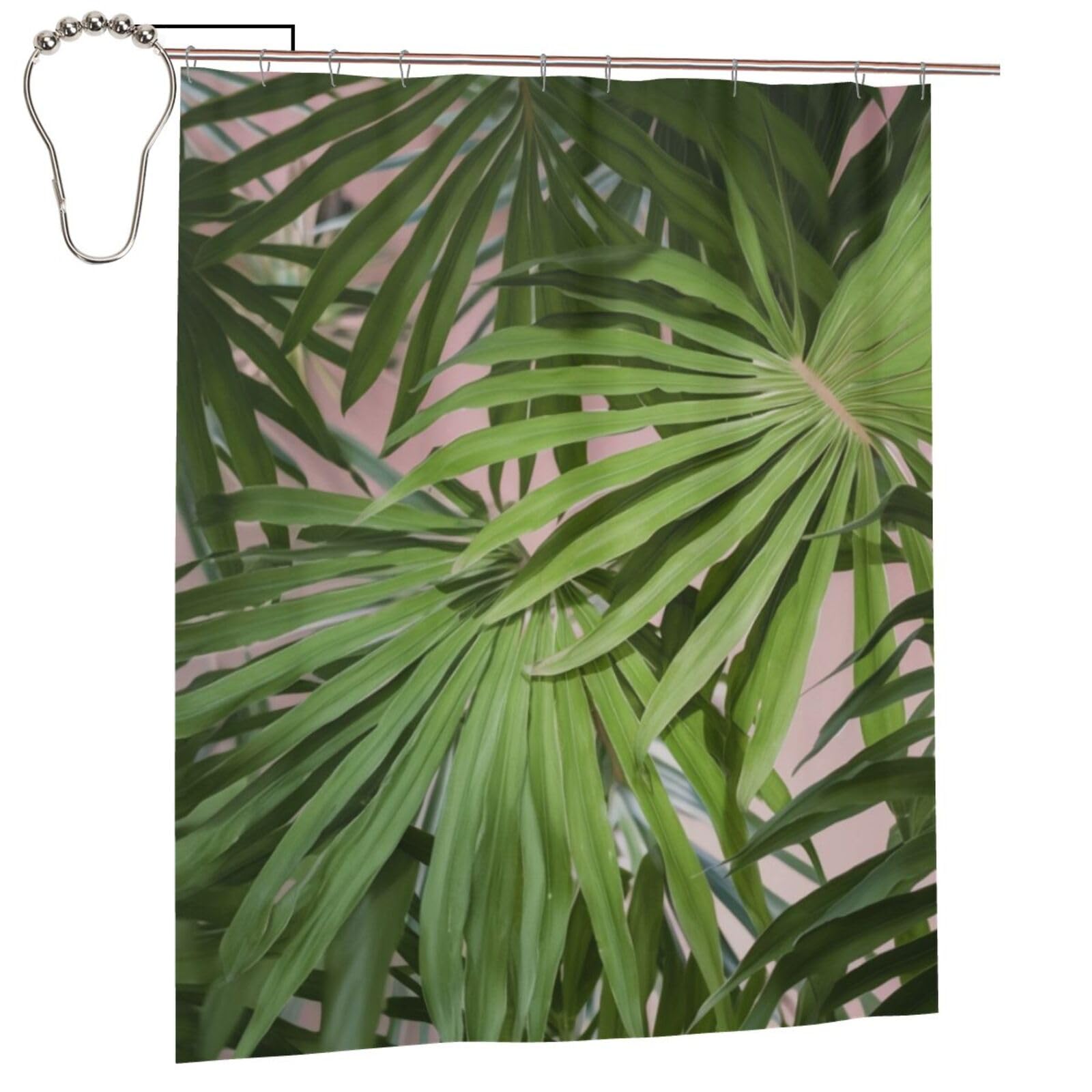BWWHCCTI Palm Tree Leaves Printed Shower Curtain With 12 Iron Hooks Opaque Quick Drying Waterproof Shower Curtains Sets For Bathroom 152x183 Cm