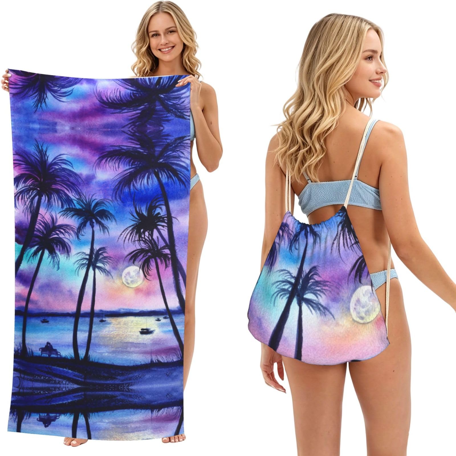 SATUSA Palm Tree Pattern Print 2-In-1 Foldable Beach Towel Backpack â€“ Camping, Yoga And Travel,Bath Towel With Built-In Storage, Convertible Beach Mat & Carry Bag