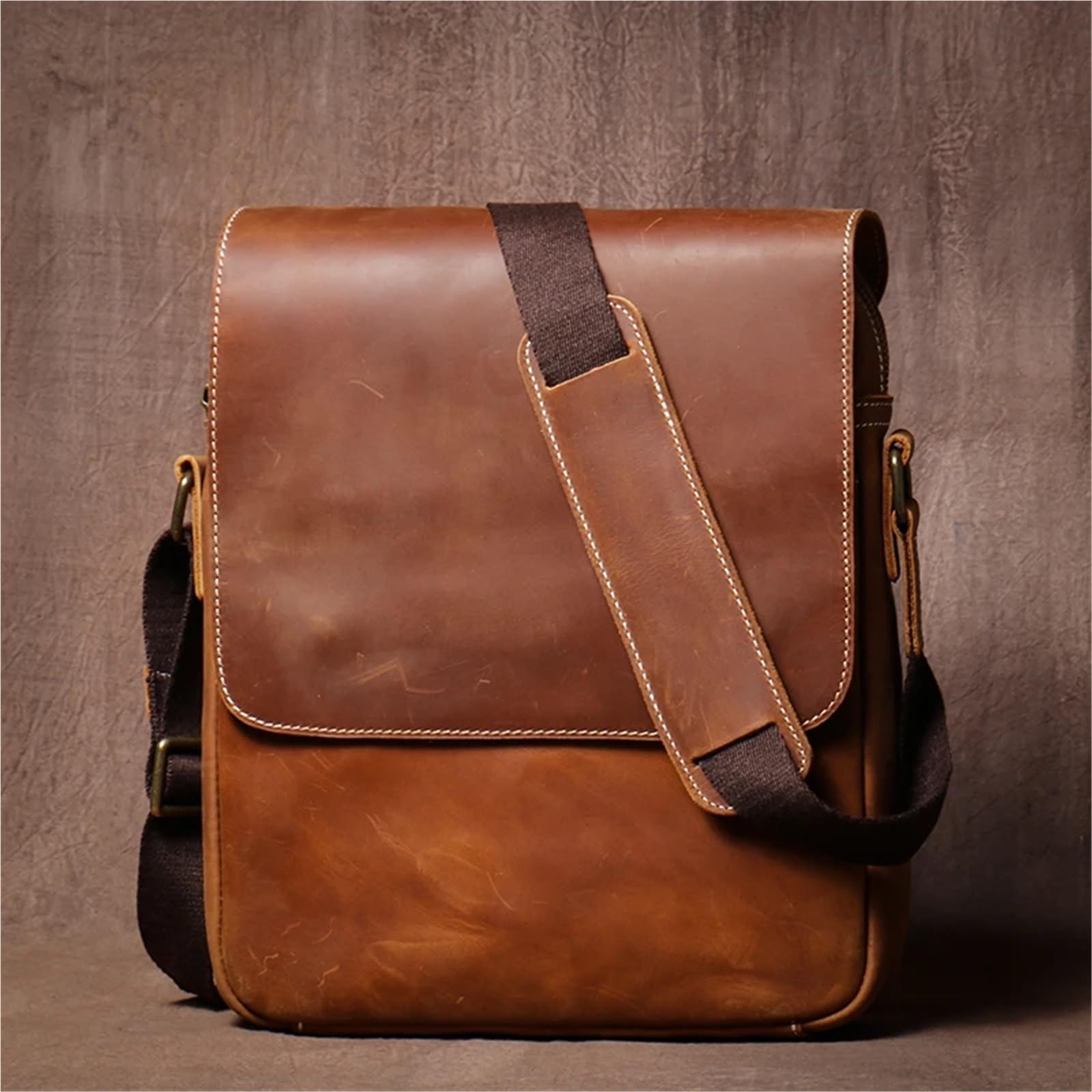 Bolso de hombro cuero genuino for hombre, estilo vintage clásico, con solapa Para Negocio Colegio Trabajo Café