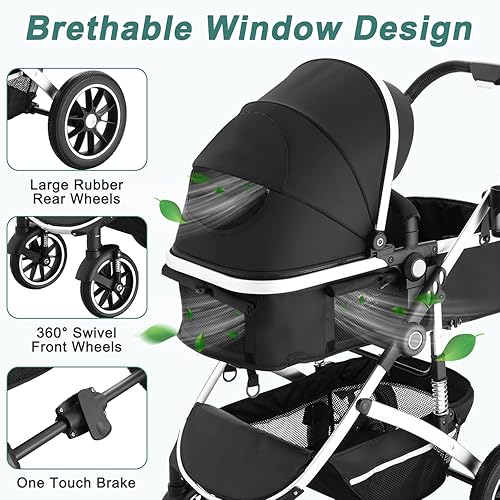 Miniatura 6 de EROMMY Cochecito de bebé 6 en 1 con moisés, cochecito infantil convertible con respaldo y toldo ajustables, cochecito plegable con asiento Negro,Gris