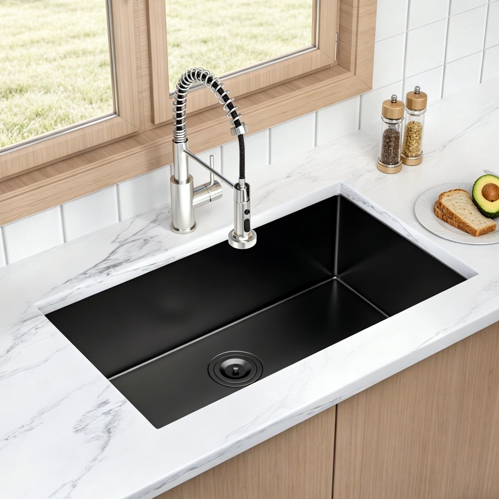 Fregadero de cocina negro de un solo tazón hecho a mano de 76.2x45.7x22.9 cm