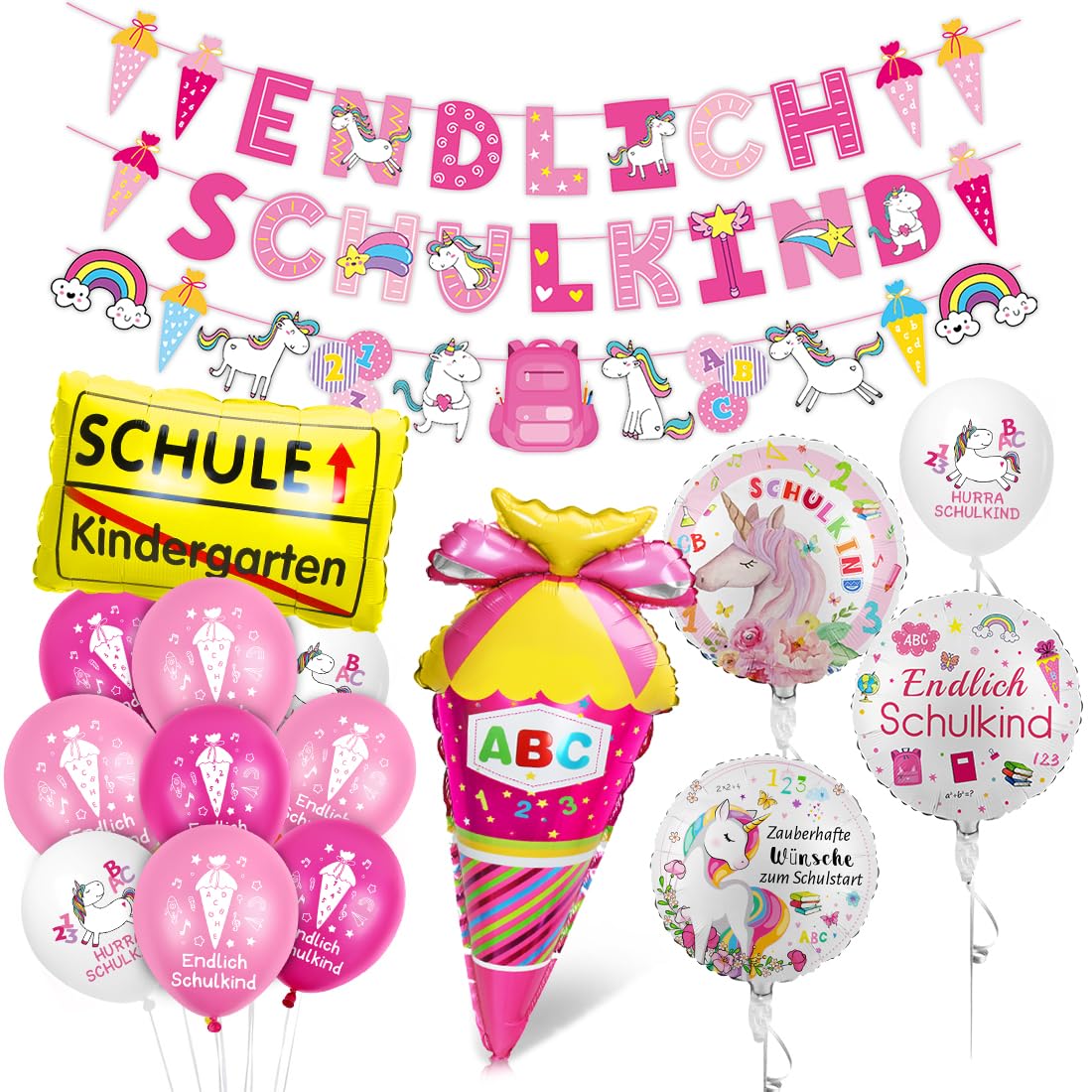Decorazione per l'inizio della scuola a tema unicorno, palloncino in pellicola e striscione per bambini