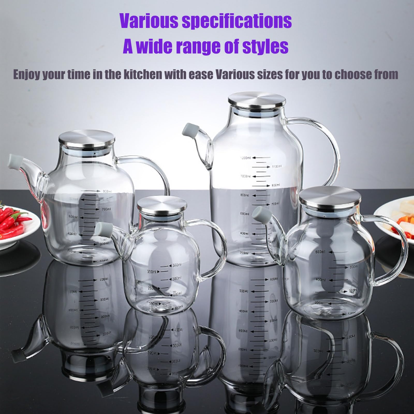 4 tamaños 380 – 1200 ml de vidrio de borosilicato, botellas de aceite a prueba de goteo y fugas, ideal para verter aceite de oliva y otros líquidos (transparente, 900 ml)