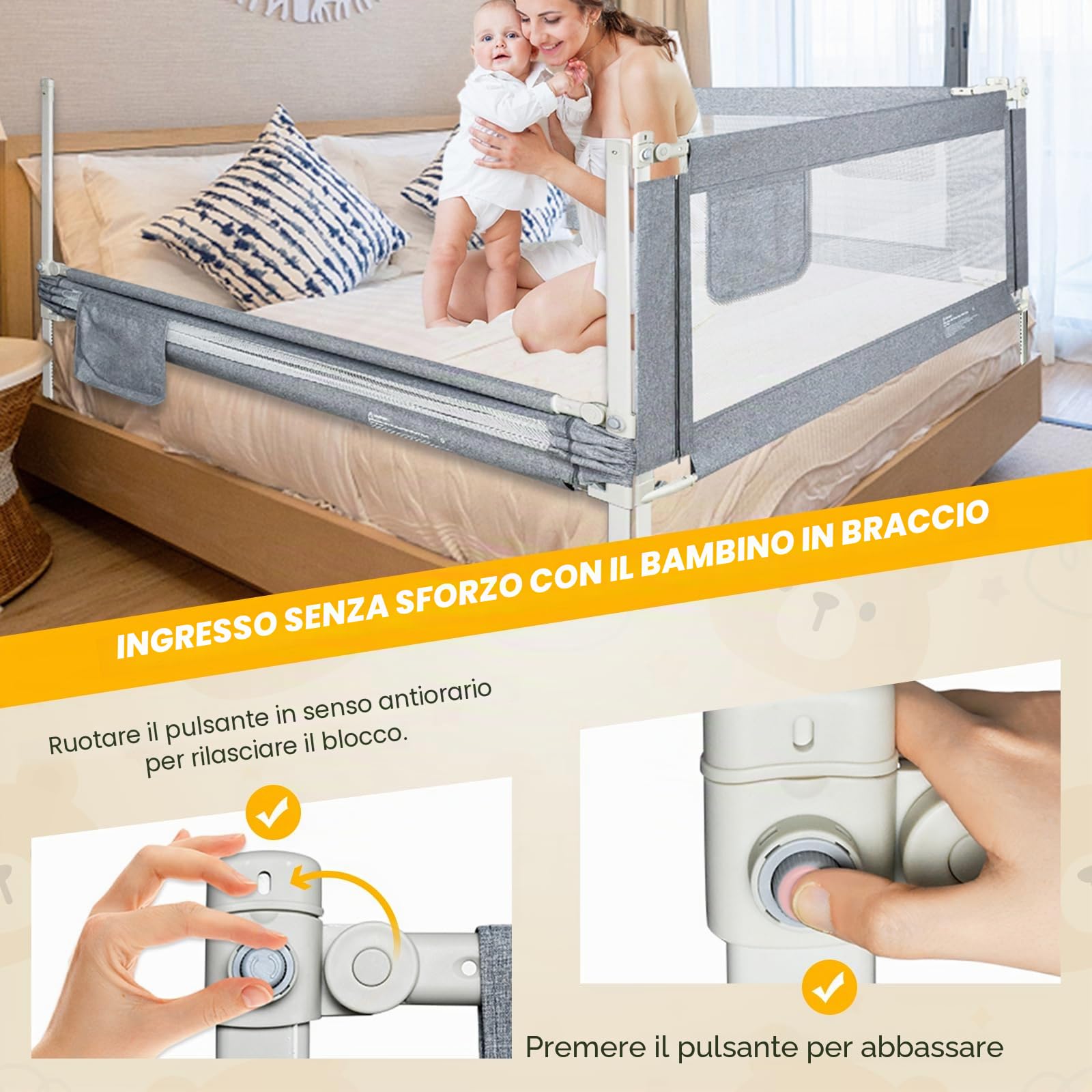 Sponde Letto Bambini，Barriera Letto Bambini，Sponda di Sicurezza per Bambini con Doppio Blocco di Sicurezza per Bambini, Altezza Regolabile，protezione da caduta，1PCS(Grigio) 180cm