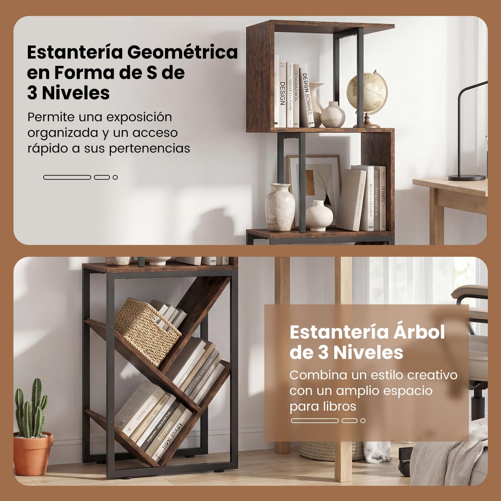 COSTWAY Estantería de 6 Niveles, Librería Geométrica con 6 Estantes Abiertos de Exhibición y Almacenamiento, Marco Metálico, Organizador Independiente de Madera Industrial para Salón Estudio Oficina