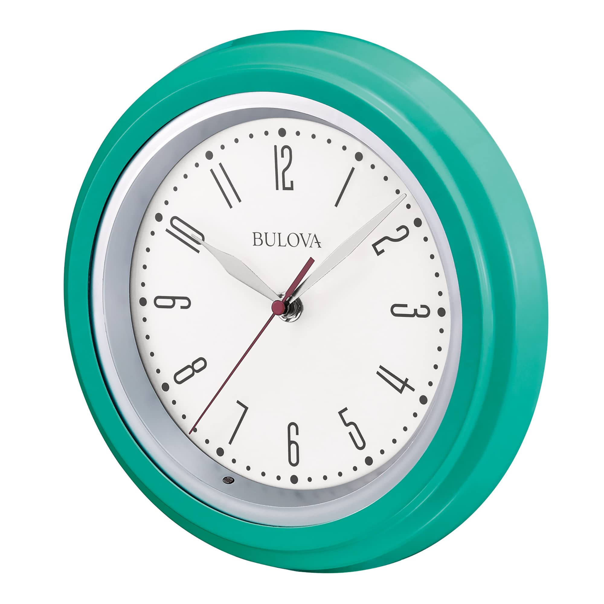 Bulova Clocks C4892 Darian - Reloj de pared decorativo moderno con esfera trasera, luz trasera totalmente iluminada, manecilla silenciosa, color verde azulado