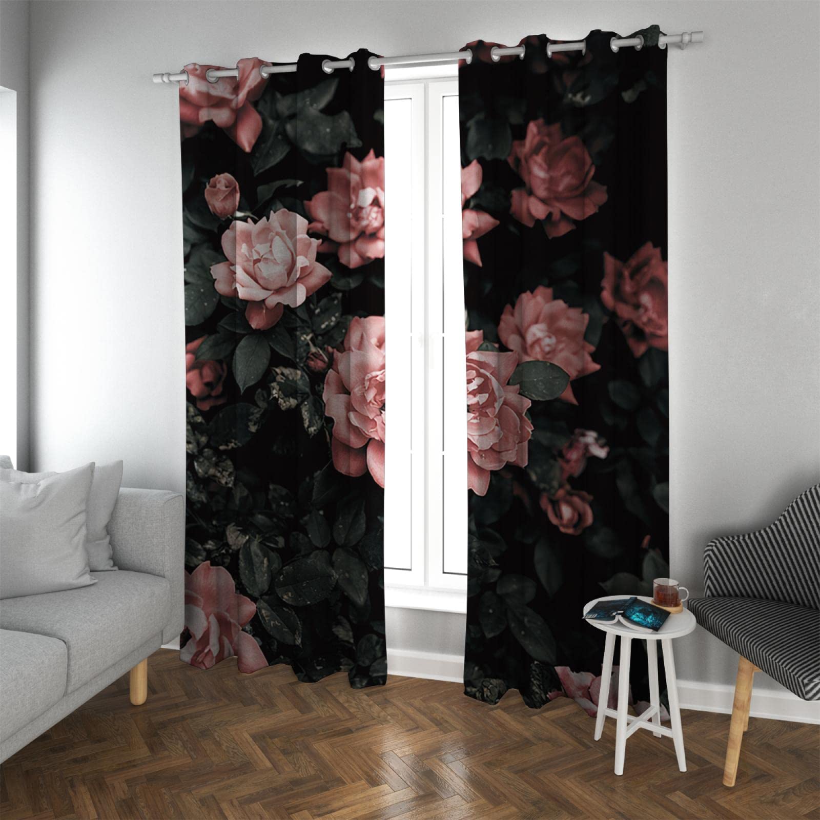 Deertweet Home Flower Curtains Green Plant Leaves Pink Floral Blackout Curtains Blocking Drapes Bedroom Living Room Darkening Window Curtain 2 Panel H90xB132