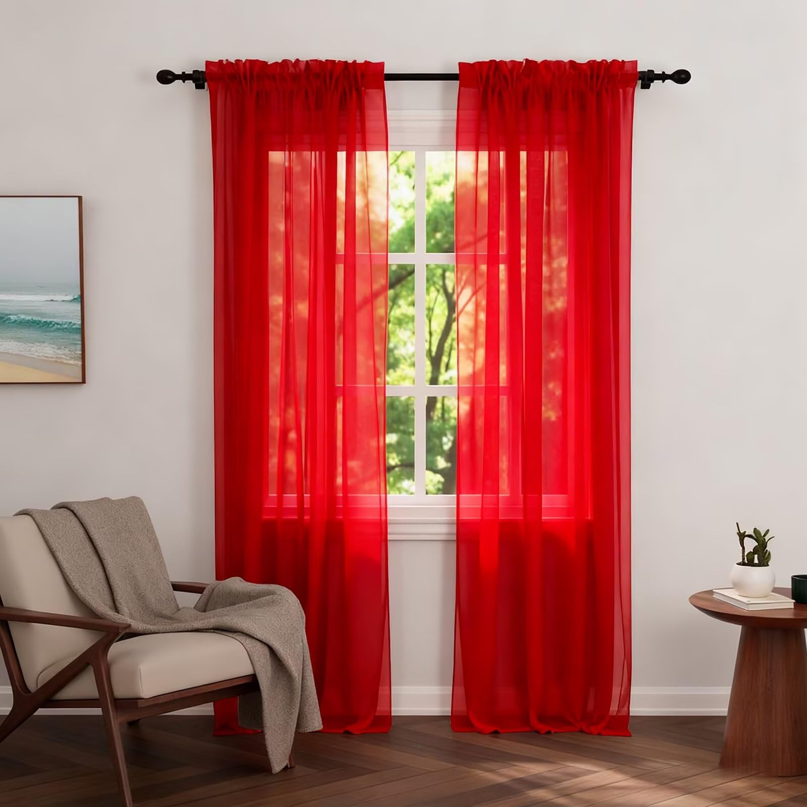 Zdada Net Curtains for Windows 108 Drop, Red Slot Top Voile Curtains, Semi Transparent Sheer Curtain Net Curtain Panel for Living Room Kitcken W60xL108 Inch,2 Panels
