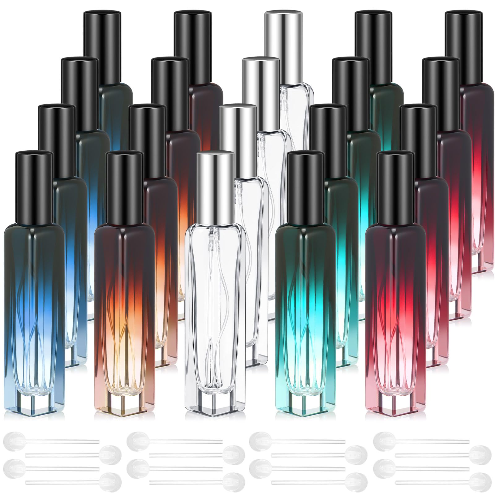 Domensi 20 botellas de vidrio recargables de viaje de 10/15/20/30 ml, atomizador de perfume para dispensador de colonia, botellas de fragancia a prueba de fugas, kit de bomba atomizadora (15 ml, color