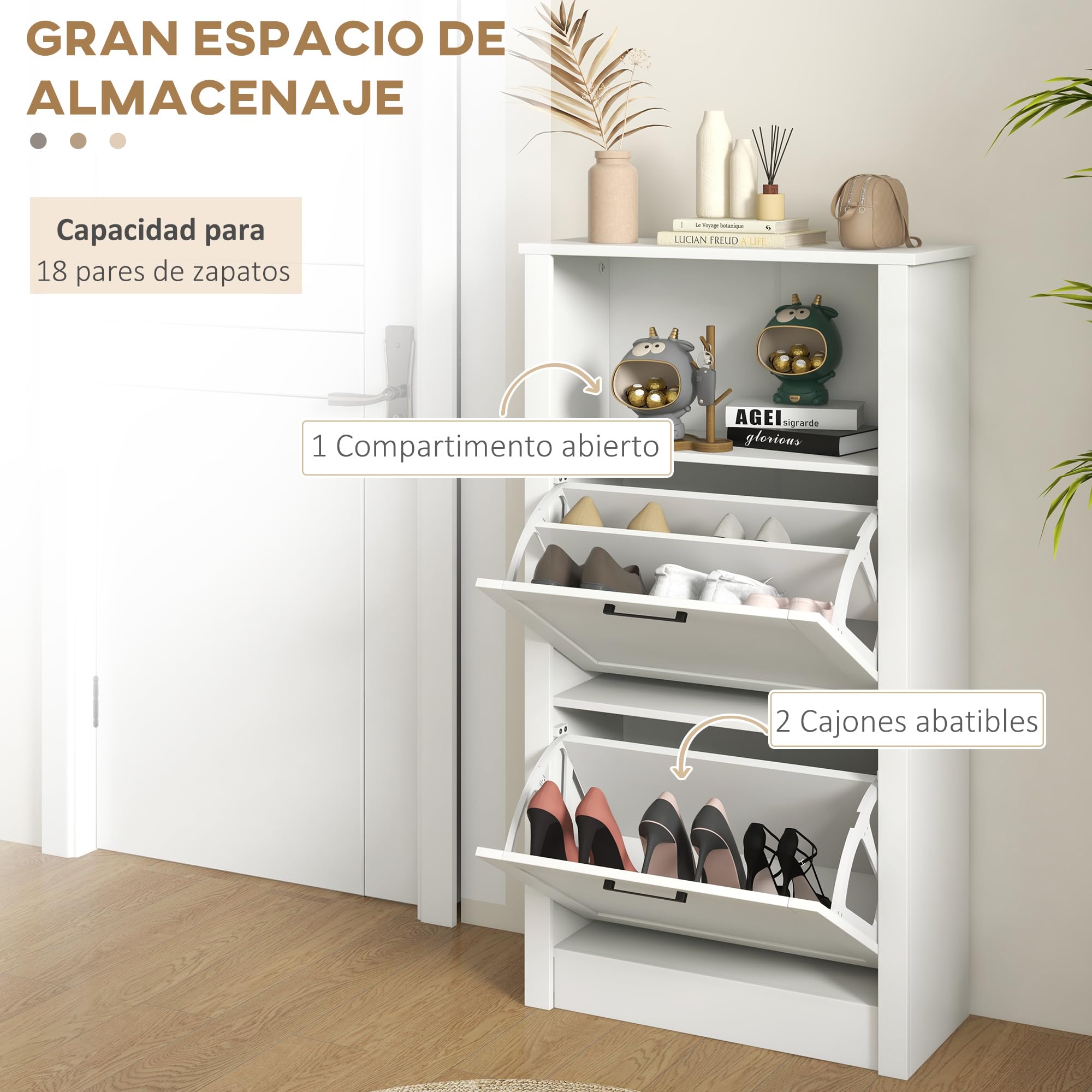 HOMCOM Zapatero Estrecho con 2 Puertas para 10 Pares 58x24x105 cm Blanco | Zapatero Entrada Recibidor, Estantes Ajustables, Compartimento Abierto