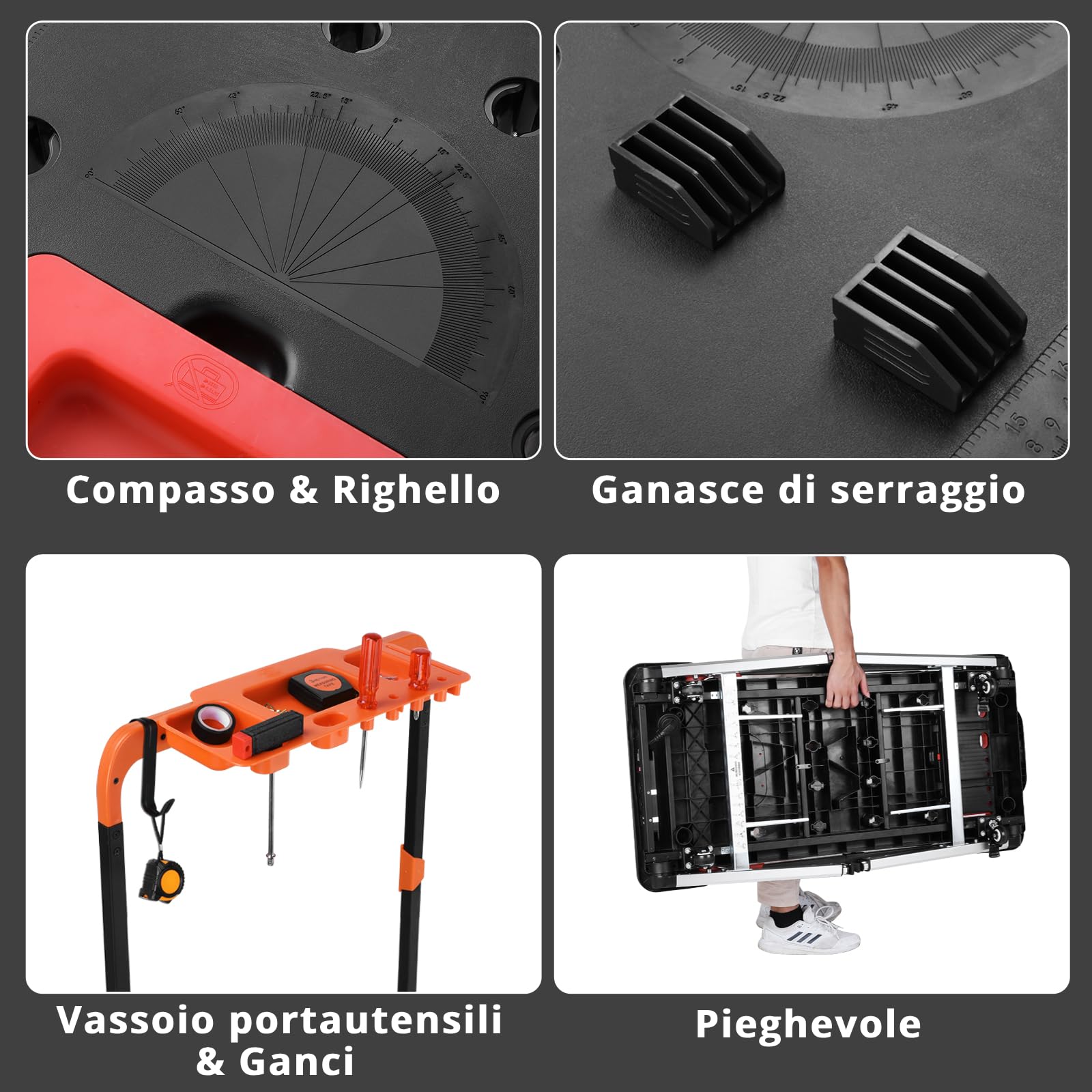 LIFERUN 7 in 1 Banco da Lavoro Pieghevole,Tavolo da Lavoro Pieghevole Regolabile in Altezza con Spina Integrata,Carrello a Mano da Trasporto con 4 pcs Ruote,Piattaforma di Lavoro per Lavoro fai da te