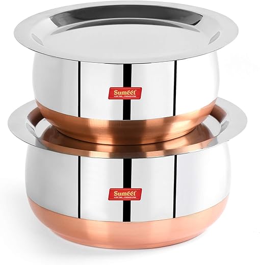 Sumeet Stainless Steel Copper Bottom Belly Shape 2 Pc Tope/Cookware/Pot Set with Lid 1.75 liter , 2.4 liter (Silver)