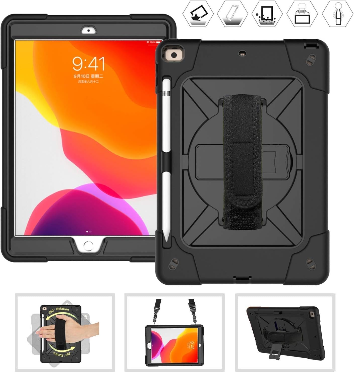 CWNOTBHY iPad 10.2 Case, iPad 8th Generation Case 2020/iPad 7th Generation Case 2019, Heavy Duty Protective Case with Hand Strap, Black/Black
