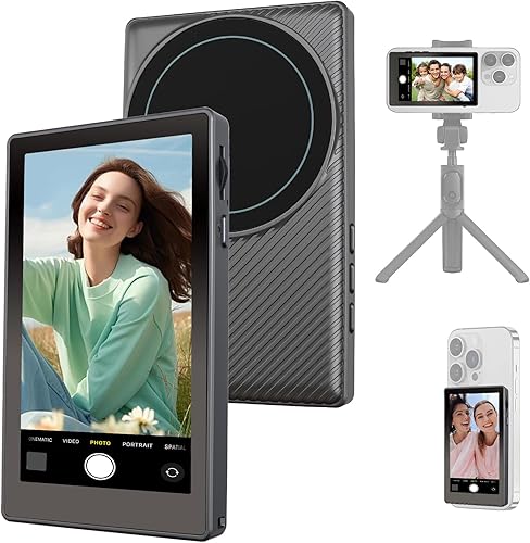 Wireless Vlog Selfie Monitor Screen: 4K 30fps Rear Camera Recording for Vlogging with iPhone Android, Built-in Speaker & Remote Zoom Selfies Magnetic Phone Monitor for TikTok YouTube Live Stream
