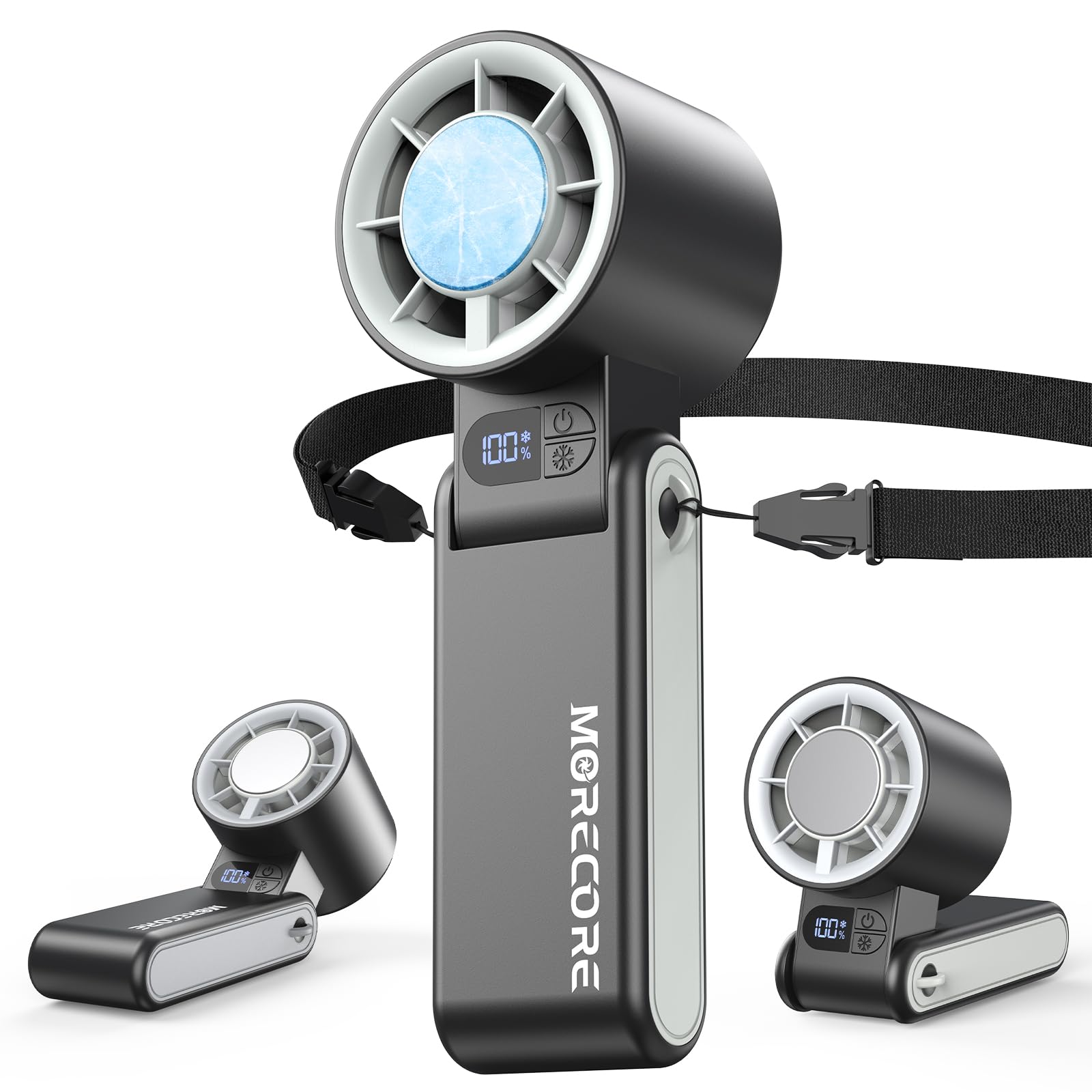 MORECORE Ventilador portátil de mano de 5000 mAh con enfriador de hielo, ventilador de refrigeración recargable de 5 velocidades, ventilador de cuello plegable de 150°, artículos esenciales de viaje