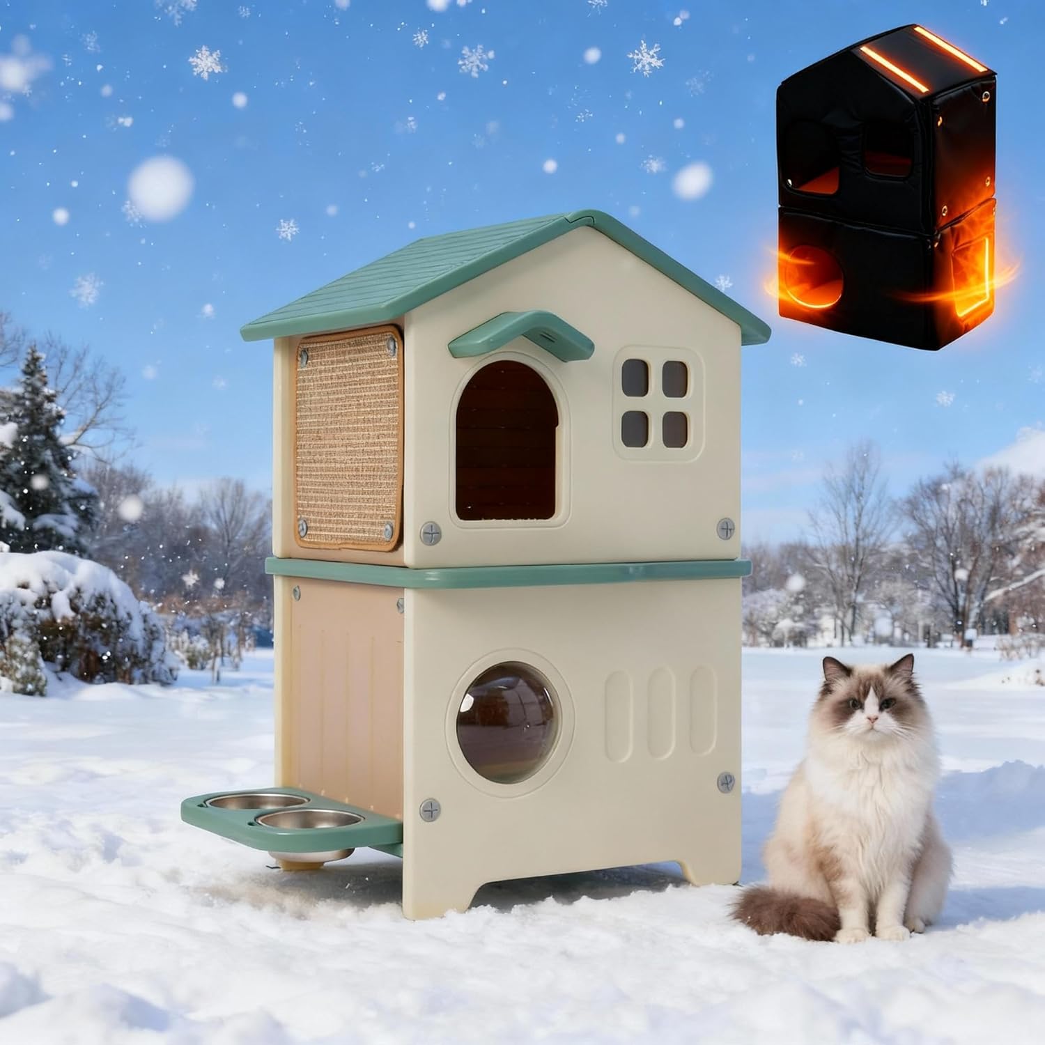 Outdoor Cat House with Insulated Liner, Weatherproof for Feral Multi Cat, 2 Story Plastic Elevated Cat Shelter with Escape Door, Scratching Post, Stainless Steel Bowl, Green 35" D x 15" W x 20" H