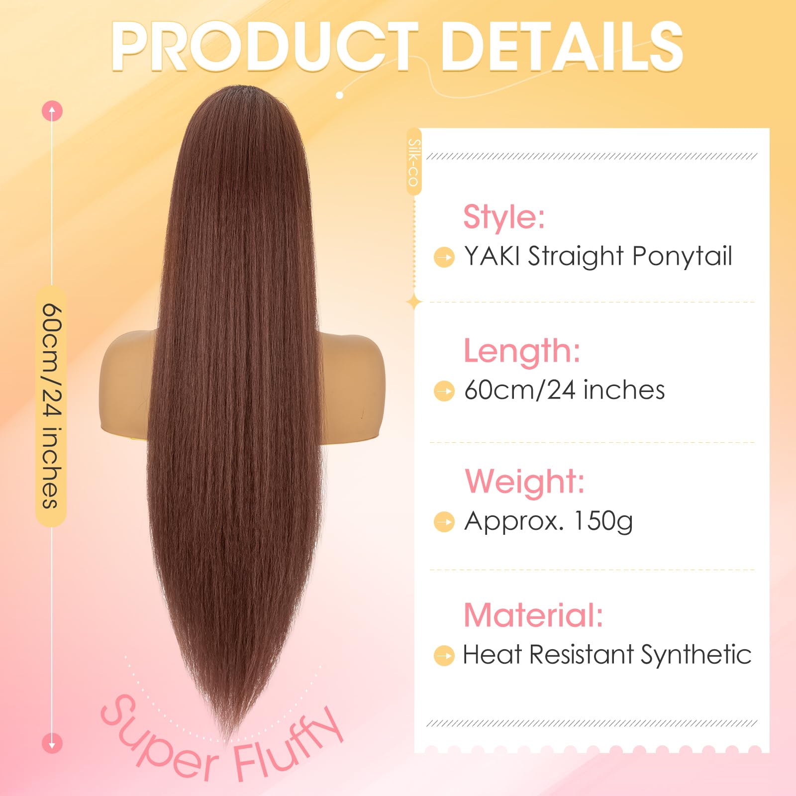 Silk-co Yaki Hair Ponytail Drawstring Ponytail for Black Women Yaki Straight Ponytail Hair Extension Long Thick Pony Tail Clip in Synthetic Hairpiece 24 Inch(60 cm-150g) Dark Auburn - Image 2