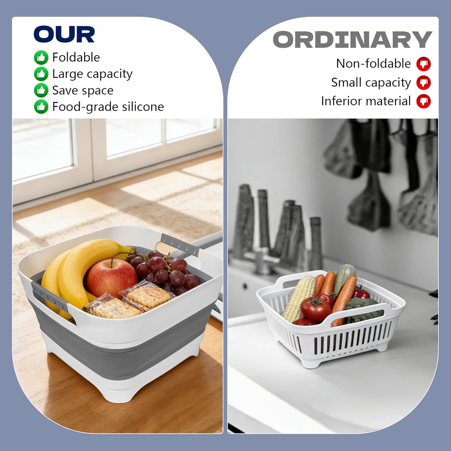 2nd Gen Collapsible Wash Basin for Baby Bottle Washer, 2.4 Gallons Portable Dish Pan Bucket for Camping Kitchen Sink (Grayish White, 3 Pack)
