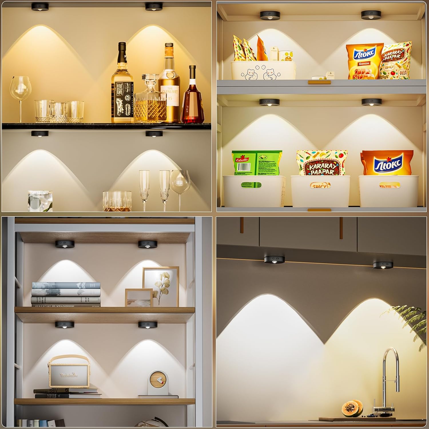 Puck Lights with Remote, Rechargeable Battery Touch Push lights, 3 Colors Led Under Cabinet Lighting, 1500mAh Wireless Tap light, Stick on Closet Light for Kitchen, Pantry, Shelves (Black 6 Pack)