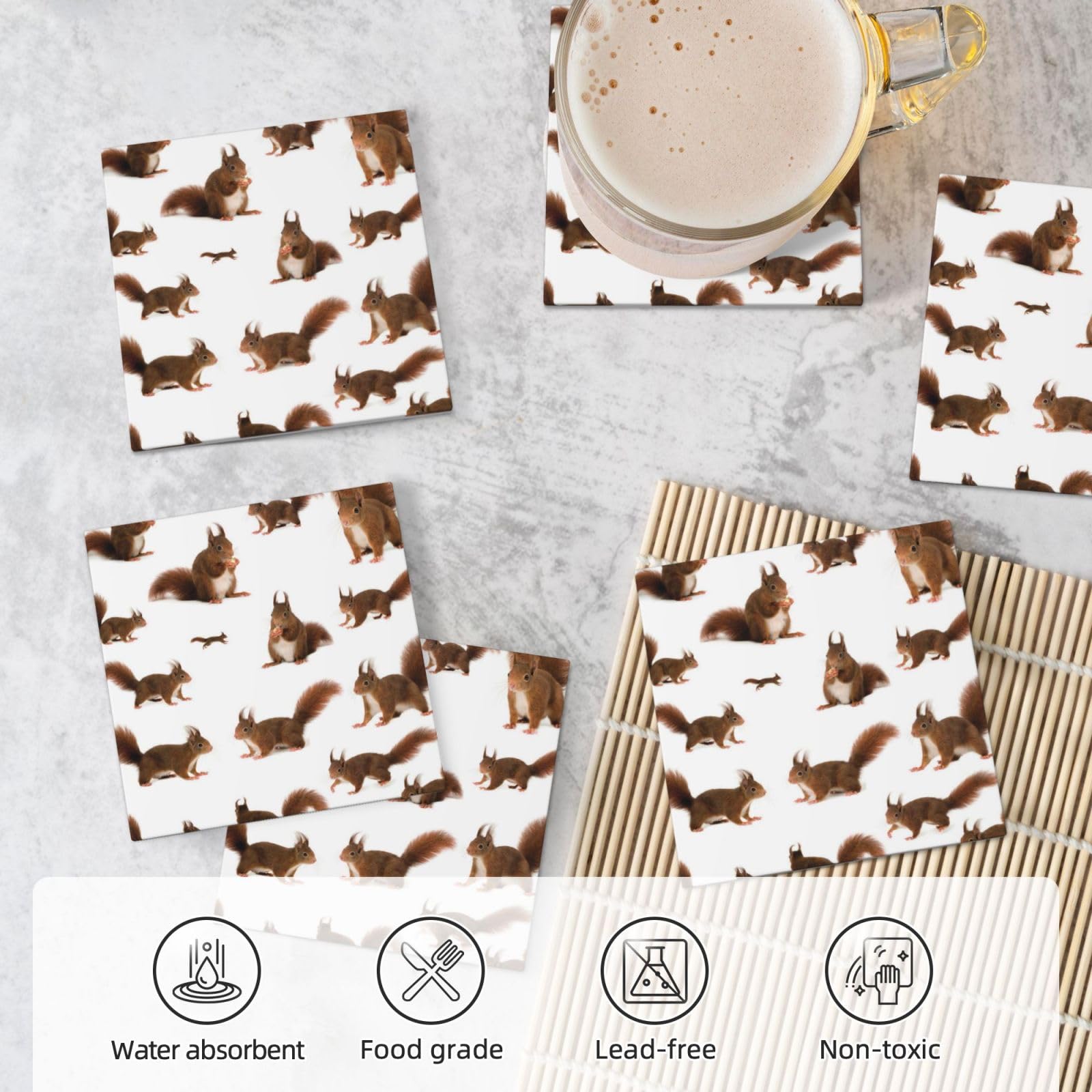 Set di 6 sottobicchieri decorativi in ceramica con stampa di scoiattoli
