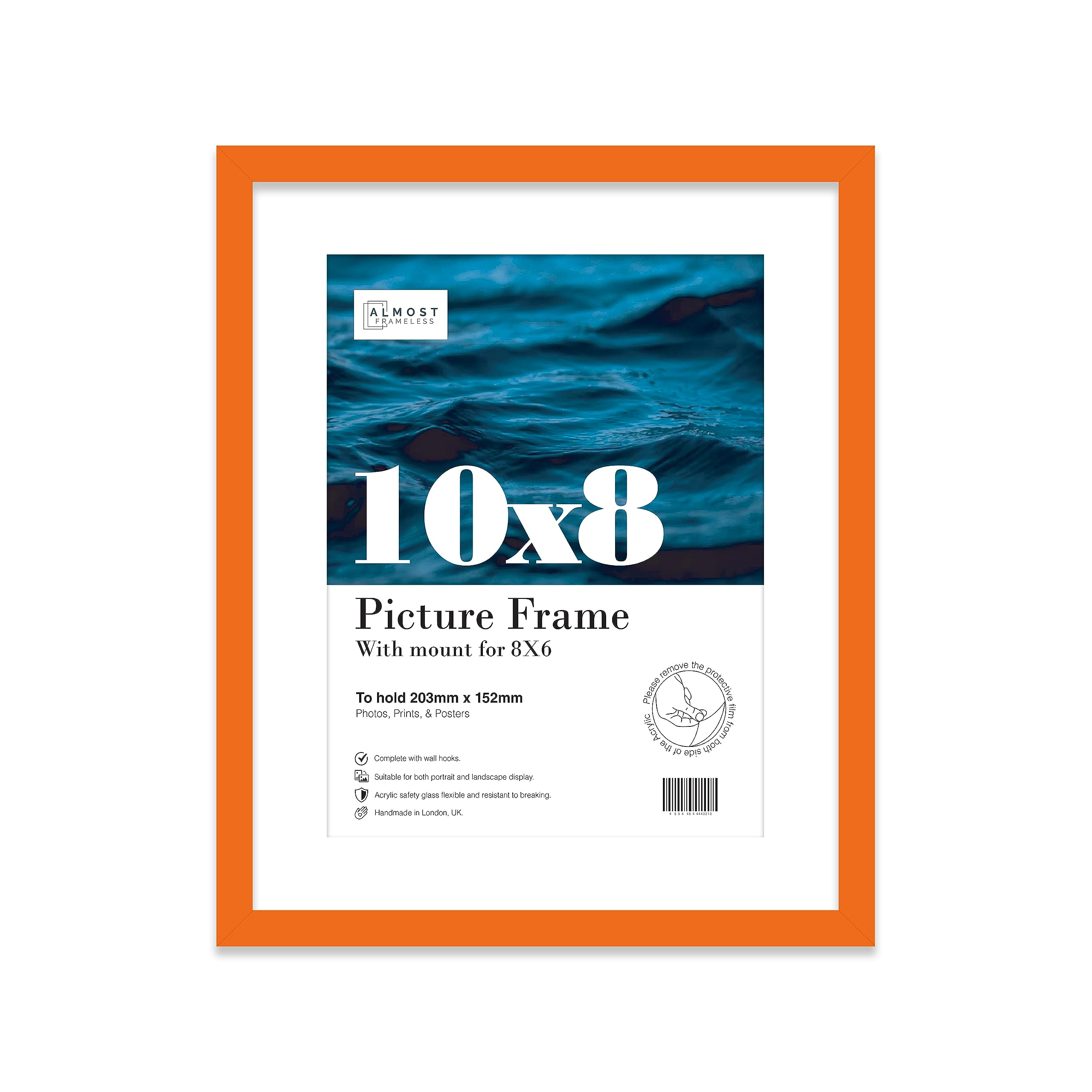 Almost Frameless 10x8 Orange Picture Frame With Mount for 8x6 Print, Poster or Photo Poster, Photo, Artwork, or Print. Thin Edge Slim Frame Portrait and Landscape Display with Wall Hooks
